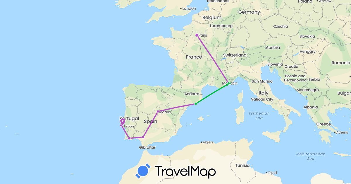 TravelMap itinerary: driving, bus, train in Spain, France, Monaco, Portugal (Europe)